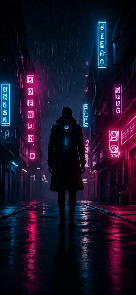 A lone figure walking along a neon-lit street in the rain