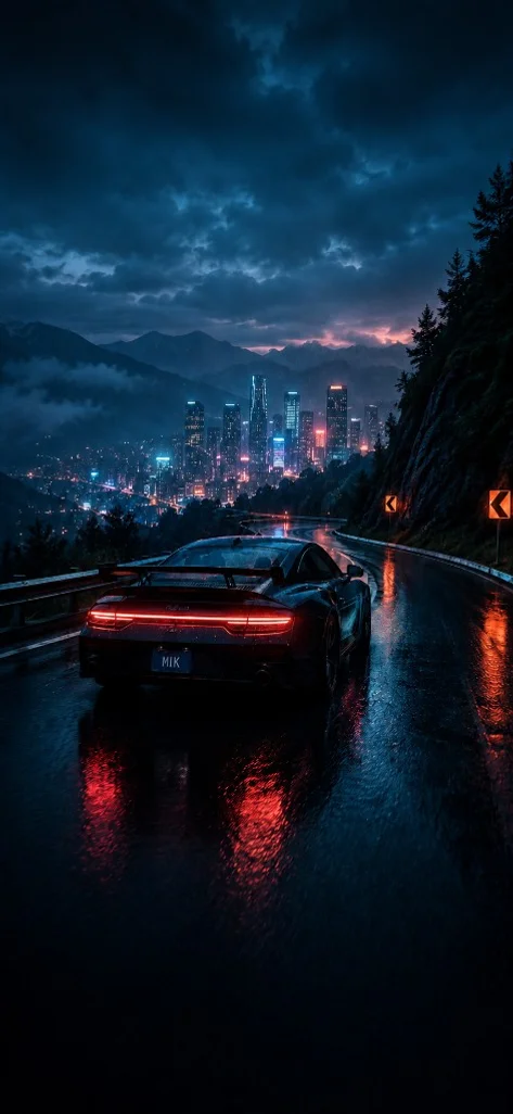 Sports car on a rain-soaked mountain road overlooking a glowing city
