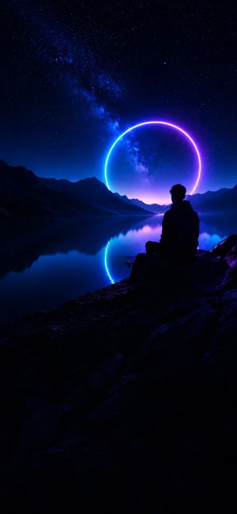 A glowing violet planet reflected in a still alpine lake