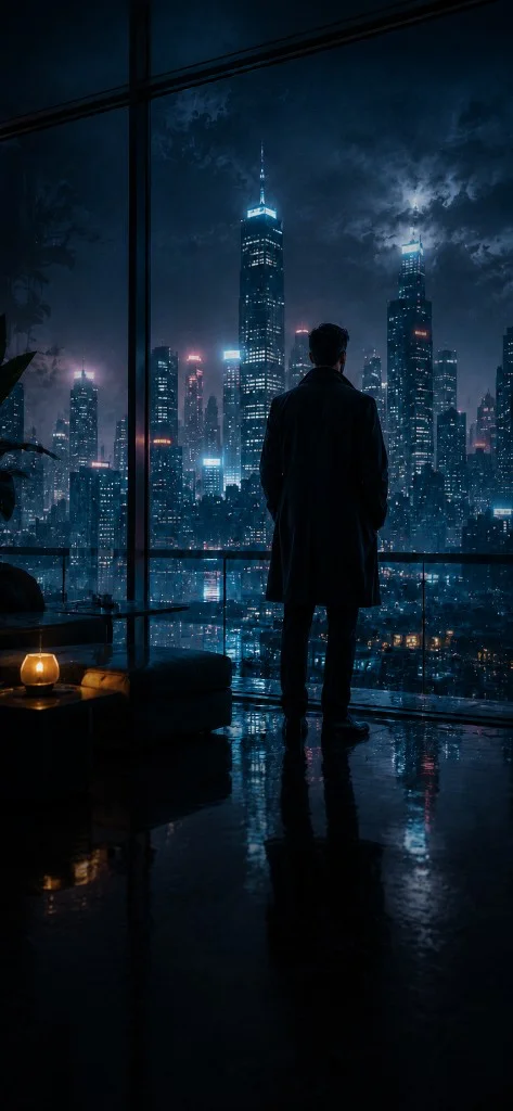 A figure looking out over a blue-lit city skyline